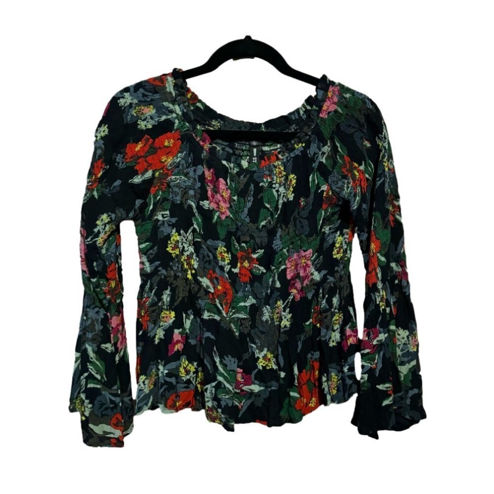 Design Lab Lord & Taylor Black Floral Off-the Shoulder Long Sleeve Top